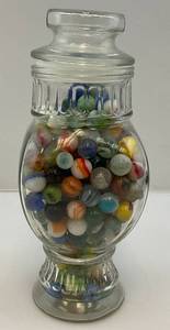lot 102 image: Fancy Jar Full Of Misc. Vintage Marbles (Some Glow Under UV Light)