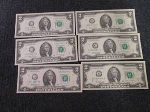 lot 247 image: 6- Sequential, Uncirculated $2 Bill...