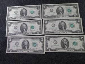 lot 248 image: 6- Sequential, Uncirculated $2 Bill...