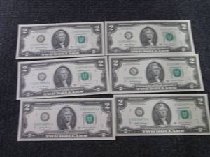lot 250 image: 6- Sequential, Uncirculated $2 Bill...