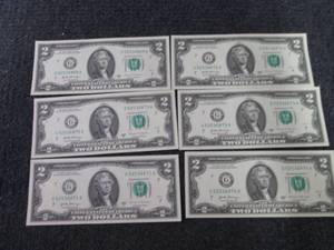 lot 252 image: 6- Sequential, Uncirculated $2 Bill...