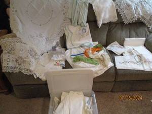 Storage tote Of Vintage Table linen...