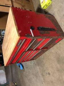 Husky 42 in. W x 18.1 in. D 8-Drawer Red Mobile Workbench Cabinet with Solid Wood Top     Customer Returns See Pictures