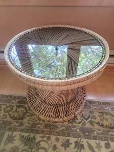 lot 12 image: Stunning Vintage Spiral Woven Rattan Accent Table with Glass Top