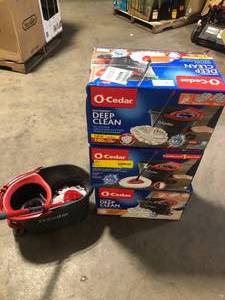 lot 32 image: Lot of O-Cedar EasyWring Deep Clean Spin Mop and Bucket System, 40% More Scrubbing Power, 2 Extra Washable Mop Head Replacements     Customer Returns See Pictures