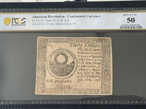 1778 $30 Dollar Continental Currency American Revolution Bill PCGS AU50