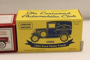 lot 294 image: Limited Edition Die Cast Coin Bank Lot 1955 Chevy Convertible & 1931 Ford Panel Truck