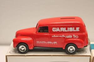 lot 320 image: Lot of 2 ERTL 1950 Chevy Panel Truck Banks - Carlisle Productions & Boots & Coots