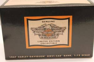 lot 360 image: Limited Edition 1947 Harley-Davidson Servi-Car Bank - 112 Scale Die Cast Metal Replica