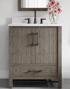lot 72 image: ALLEN  ROTH Brawley 30-in Rustic Taupe Oak Undermount Single Sink Bathroom Vanity with Natural Carrara Marble Top and Backsplash (Retails for $979)