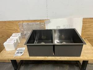 lot 74 image: 32 Black Undermount Double Bowl Kitchen Sink, ZDHHT 32 x 19 x 10 Inches 16 Gauge Handmade 304 Black Stainless Steel