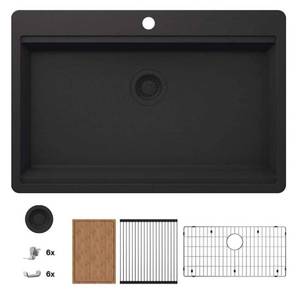 lot 44 image: GLACIER BAY Stonehaven 33 in. Drop-In Single Bowl Black Onyx Granite Composite Workstation Kitchen Sink with Black Strainer