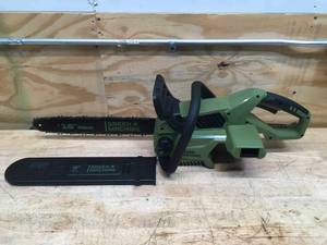 lot 6 image: Green Machine 62V Brushless 16 in. Battery Chainsaw with 2.5Ah battery and charger Model # GMCS6200 (Retail $299)