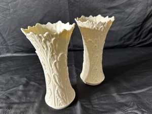 Two Lenox Ivory Cream Woodland Tree Leaf Pattern Scalloped Bone China Vases