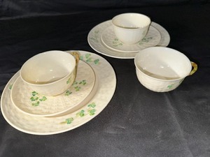 Belleek China Shamrock Basketweave Dishes - Two Plates, Two Saucers, 3 Cups
