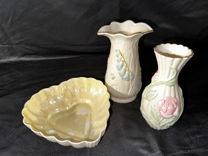 Irish Belleek Porcelain Heart Shaped Scalloped Dish with Lustre Interior, Vintage Belleek Blue Lily of the Valley Porcelain Vase, and Lenox Sentimental Rose Vase