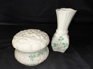 Vintage Belleek Daisy Trinket Box Millenium 2000 and Belleek Irish Three Shamrocks Vase