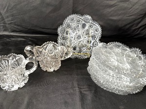 Vintage Depression Clear Glass Daisy and Buttons SaladDesser Plates 6, Imperial Glass Sugar and Creamer, and Cut Glass American Brilliant Salad Plate