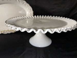 Vintage Fenton Silver Crest Footed Cake Stand 13 and Lord & Taylor China White Oval Platter