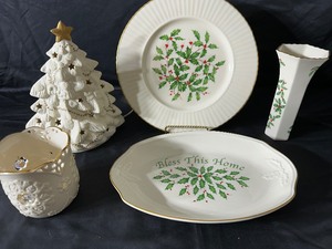Lenox Holiday Bless thi Home Oval Platter, Hollyberry Lenox Dinner Plate, Lenox 1980s Holiday Special Holly & Berry Bud Vase, and Ceramic Vintage Christmas Tree Votive Candle Holder, Lenox Garden Lights Snowflake Votive Holder