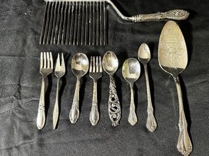 Various Sterling Silver and Silver Plated Teaspoons and Vintage Baroque Sterling Silver Handle Cake Break