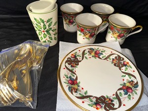 Lenox Fine Bone China Holiday Tartan Salad Plates and Mugs and Lenox Holiday Covered Coffee Mug