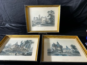 Three Vintage Antique Chteau Prints In Black and Gold Wood Frames Measuring 13 Inches X 11 Inches - Chareau De Creully, Chateau De Bazouges-Sur-Loir &Chateau De La Saucerie