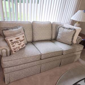 Ethan Allen Sofa Couch Measuring 72 Inches Wide x  35 Inches Deep x 32 Inches Tall x  In Like-New Condition with Pillows. One Of Two Available