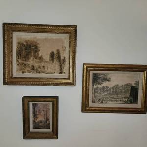 Set Of Three Gold Framed Prints First Measuring 20 Inches X 17 Inches x  Second Measuring 19 Inches X 15 Inches x  Third Measuring 10 Inches X 12 Inches