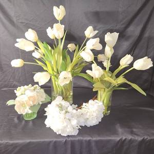 Faux Floral Arrangements Two White Tulips In Glass Vases (20 Inches and 18 Inches Tall) x  Small Bouquet In Green Glass Vase (8 Inches Tall) x  Two Hydrangea Stems