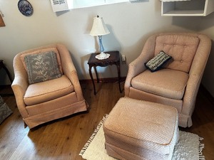 Pair Of Vintage 1950s Pink Club Swivel Chairs with Matching Ottoman that have been re-upholstered  Measuring 29 Inches X 30 Inches X 32 Inches