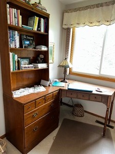 Vintage Corner Desk with Matching Bookcase with Drawers Measuring 30 inches wide x 19 inches deep x 6.5 feet tall, Desk measures 48 inches wide. Contents on and in are not included