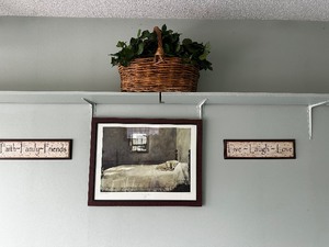 Wall Art and Master Bedroom Print by Andrew Whif and Basket of Faux Greener