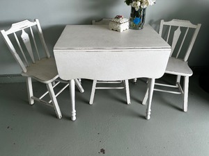 Antique Desk with Drop Down Sides and Three Chairs Painted White