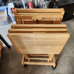 lot 14 image: Four Wood TV Trays Folding Tables With Rolling Stand