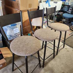 lot 19 image: Three Metal Swivel Barstools Measuring 16 Inches Wide By 38 Inches Tall Seats Can Easily Be Recovered
