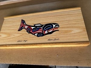 lot 46 image: Roxana Leask Whale Wooden Box Alaska Inuit Northwest Coast Art 18.5 Inches By 8 Inches Dcor