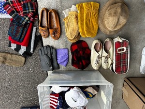 lot 37 image: Bin Of Scarves, Gloves, Hats, and Shoes