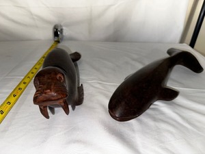 lot 49 image: Hand Carved Wood Whale And Walrus Made In Mexico