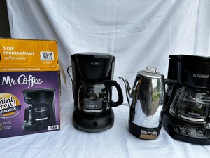 lot 43 image: Bin Of Coffee Makers And Vintage Percolator
