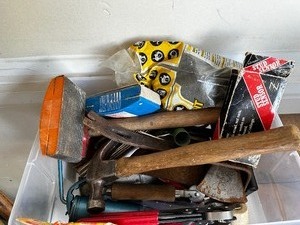 lot 120 image: Bin Of Miscellaneous Garage Tools, Hand Tools Perfect Set Up For Your Garage
