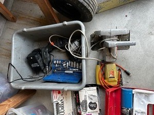 lot 129 image: Bin Of Power Tools And Vintage Tool Box