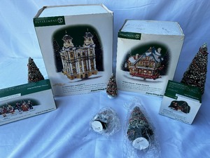 lot 62 image: Department 56 Alpine Village Series, Including The Sound Of Music Wedding Church, Altstadter Beer House, Alpine Villagers, Tap The First Barrel, And Five Bottle Brush Christmas Trees
