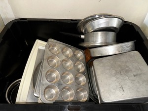 lot 69 image: Large Bin Of Cookware And Bakeware As Seen In Photo
