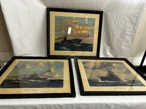 lot 263 image: Three Framed 21x19 Litho Prints - 1942 Northern Pump Company Collection Gordon Grant USS Hornet, WWII USS Gridley Destroyer, and the USS Pennsylvania