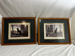 lot 265 image: Two Framed S. Oliphant Large 19.5 x 23.5 Framed Log Cabin Duck Hunting Prints with Black Lab