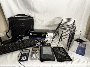 lot 289 image: Large Variety of Office Supplies - Keyboard, Mouse, HP 83A New Printer Ink, File Folder Holders TI84 Plus, Amazon Kindle and Other Items