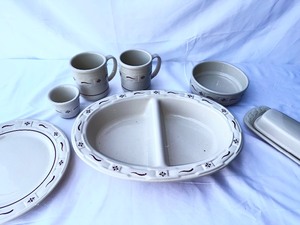 lot 66 image: Longaberger Pottery Dishes As Seen In Photo, Butter Dish Plate Has Small Chips On It