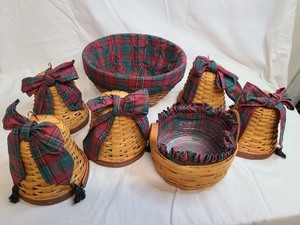 lot 209 image: Two Round Longaberger Baskets with Tartan Plaid Liners and Five Noel Bells with Hangers