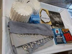lot 52 image: Books, Shower Curtain and Coffee Filters